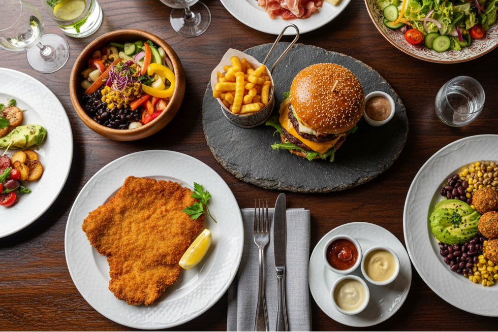 Die Bowl soll eine Bowl mit Falafel und bisschen Avocado und Bohnen sein, der Tisch in einem Nussbaum Holz also dunkler und die Gerichte etwas mehr und stilvoller eleganter